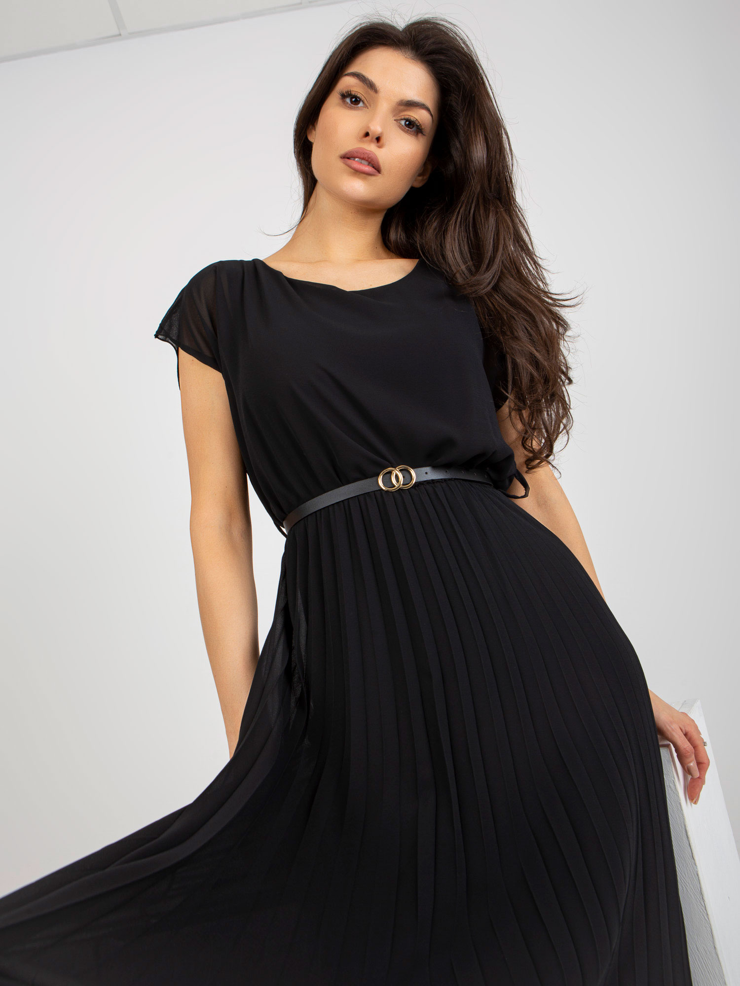 Hurt Black pleated dress with a round neckline.