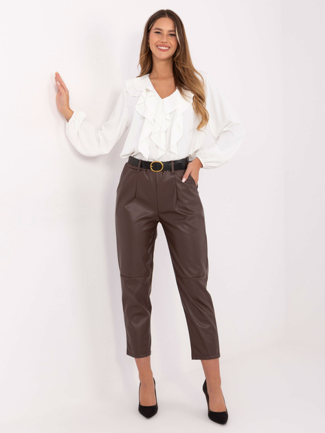 Ciemnobrązowe spodnie z ekoskóry z kieszeniami RUE PARIS 