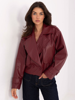 Bordowy dwurzędowy płaszcz z ekoskóry RUE PARIS