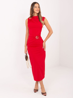 Czerwona midi sukienka z lejącym dekoltem RUE PARIS