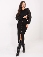Black fitted knit skirt.