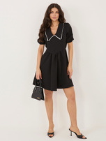 Black flared dress with a collar.