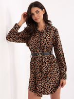 Camelowo-czarna sukienka szmizjerka z paskiem