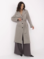 Beige-dark gray single-breasted coat with pockets.