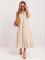 Beige schwingendes Kleid mit Rüsche.