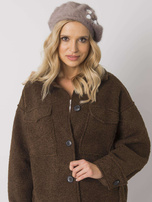 Ciemnobeżowy beret damski z aplikacją