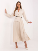 Light beige elegant dress with a belt.