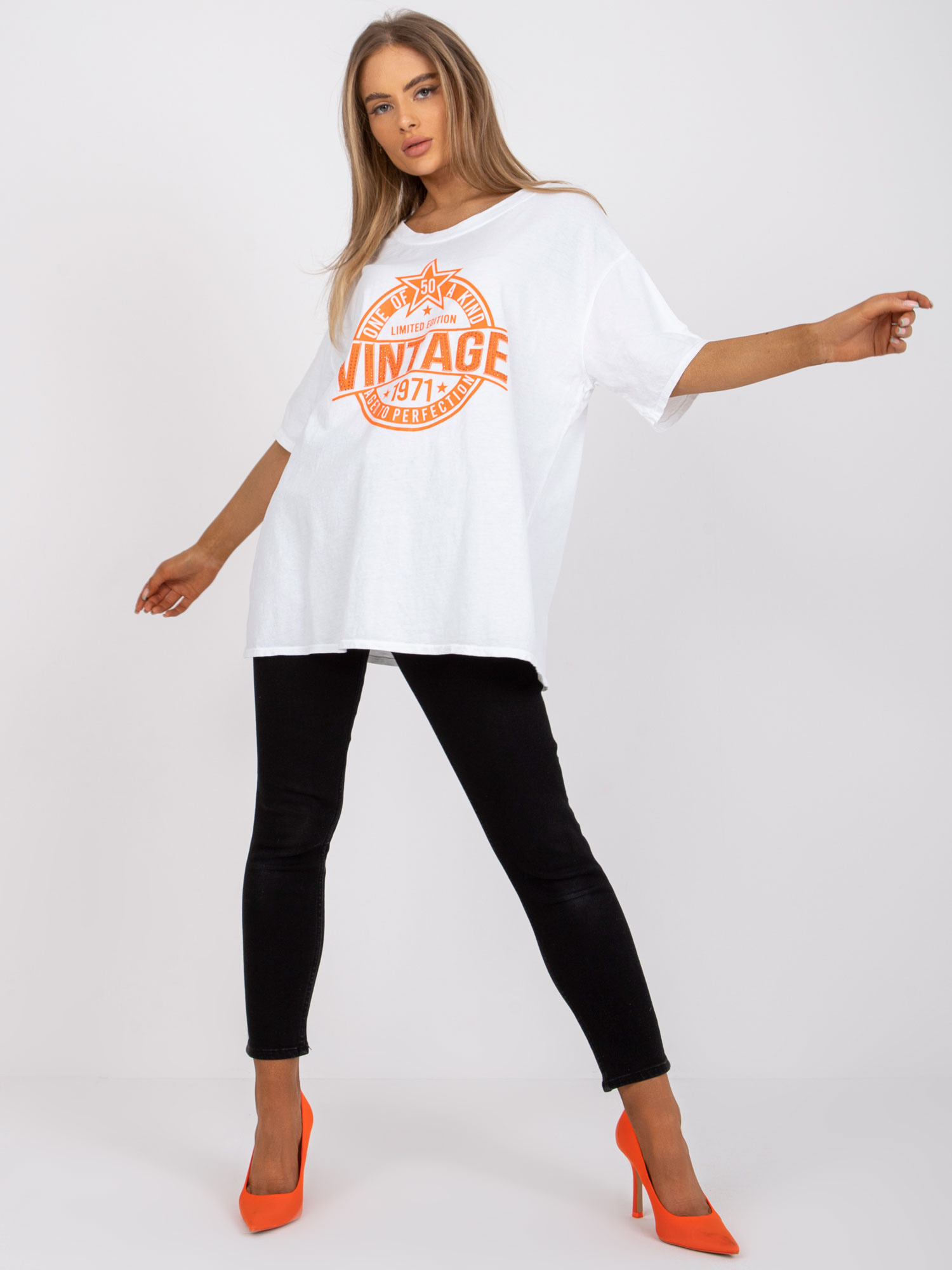 White and orange cotton t-shirt with applique
