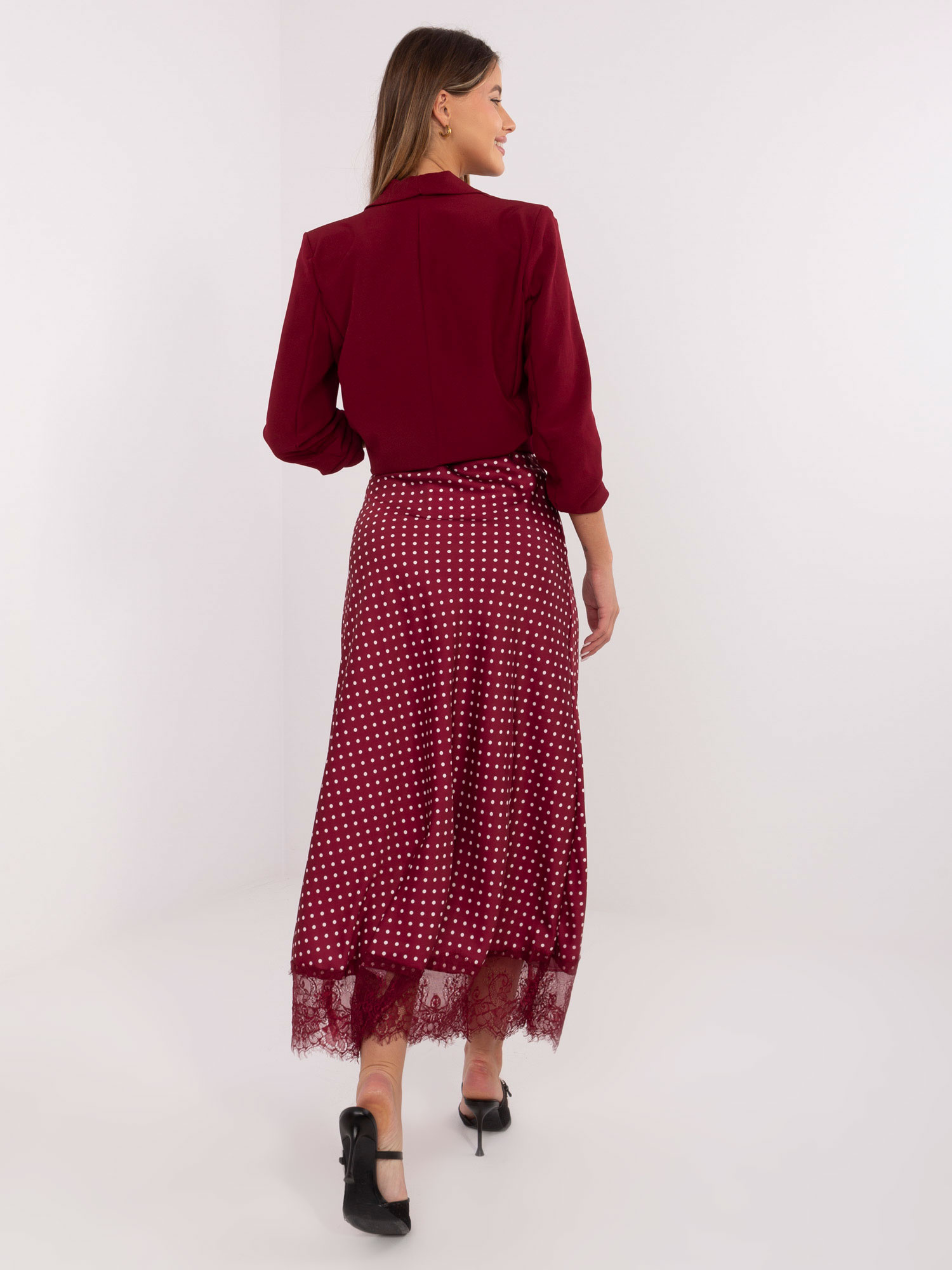 Burgundy satin polka dot skirt RUE PARIS.