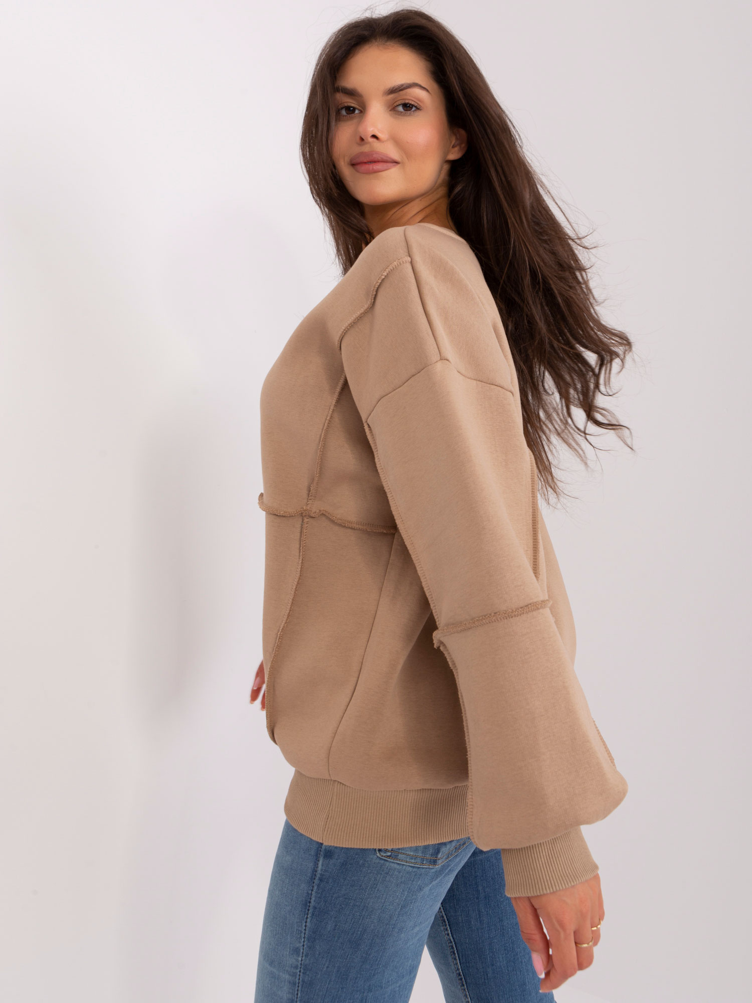 Dunkelbeige gefütterter Sweatshirt ohne Kapuze.