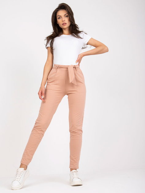 Beżowe spodnie z materiału z kieszeniami RUE PARIS