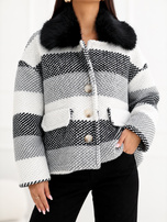 Black-and-white short boucle coat with wool blend.