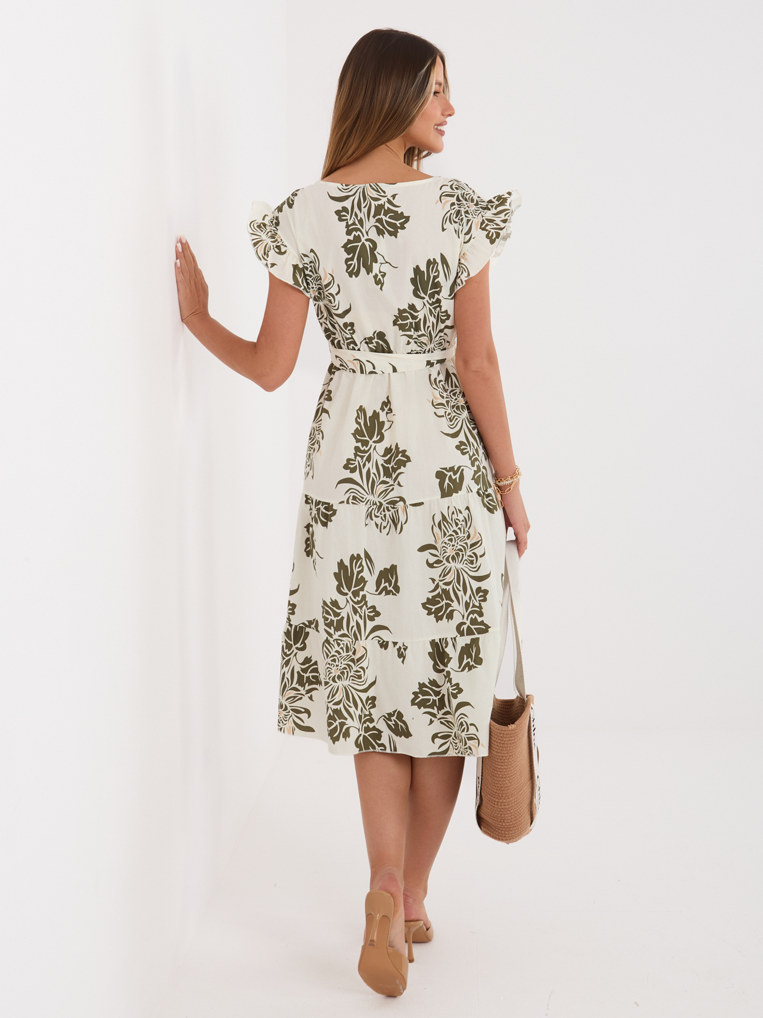 Khaki bawełniana sukienka z krótkim rękawem