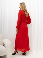 RUE PARIS Red evening dress with a flowing neckline.