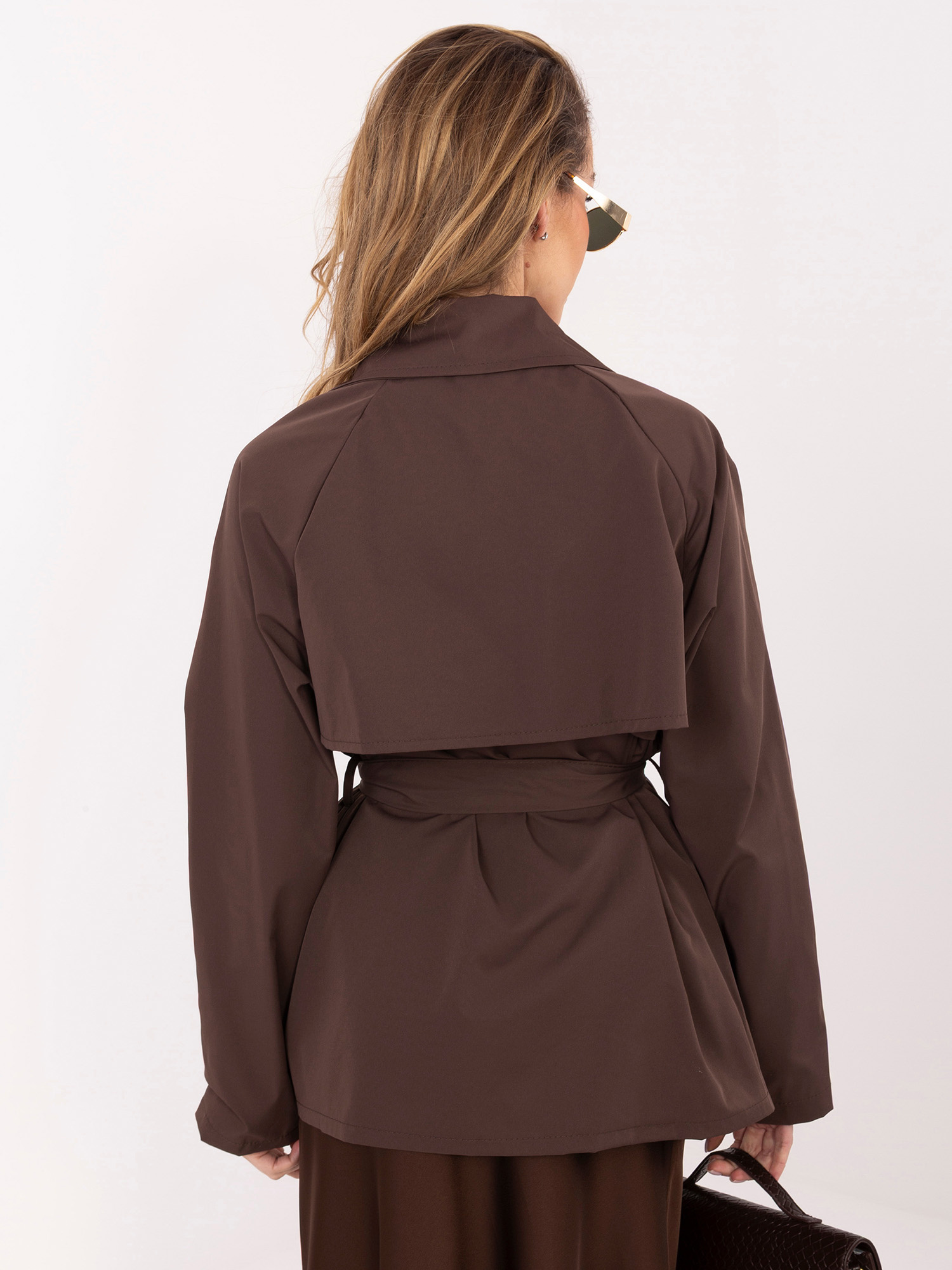 Brązowy jednorzędowy płaszcz z paskiem RUE PARIS