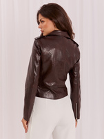 Dark brown women's faux leather biker jacket.