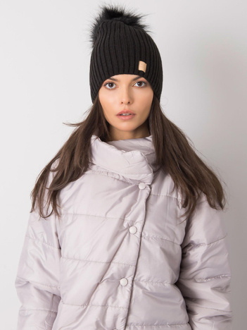 Black padded women's hat with pompom