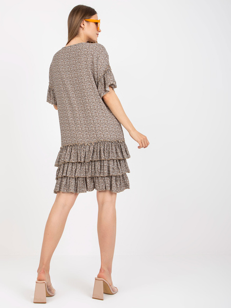 Beżowa mini sukienka z falbaną i krótkim rękawem ZULUNA