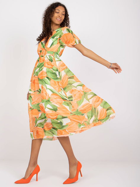 Pomarańczowo-zielona sukienka o długości midi z printami