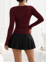 Burgundy elegant sweater with lace trim.