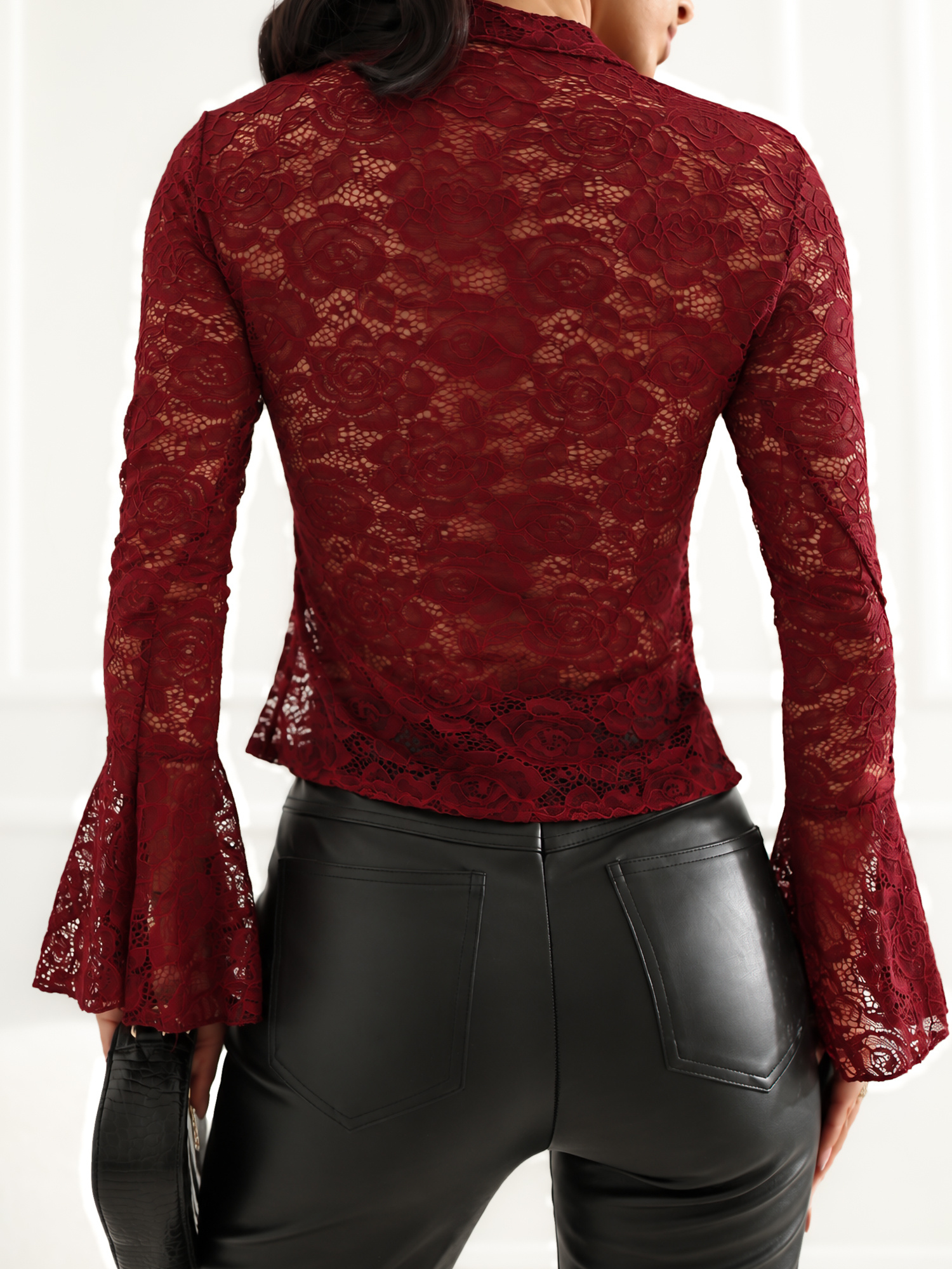 Burgundy lace blouse with a front slit RUE PARIS.