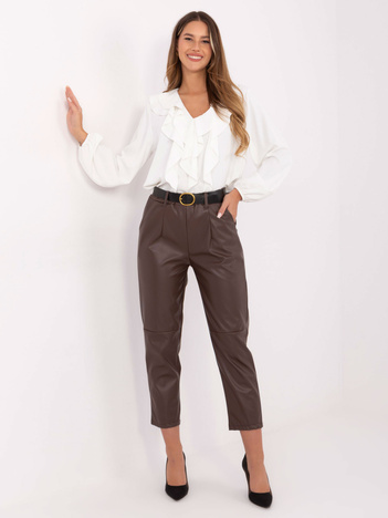 Ciemnobrązowe spodnie z ekoskóry z kieszeniami RUE PARIS