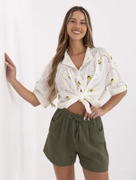 Khaki muslin shorts with pockets.