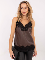 Brązowy top z ekoskóry na ramiączkach RUE PARIS 