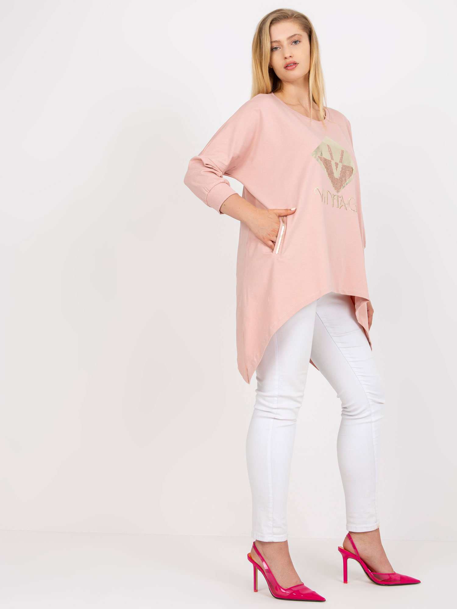 Ružovosivá dlhá blúzka plus size s vreckami.