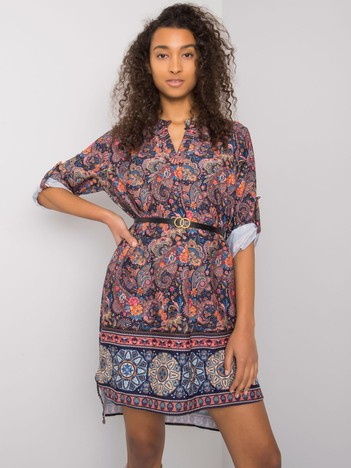 Granatowa wzorzysta sukienka z paskiem Moara