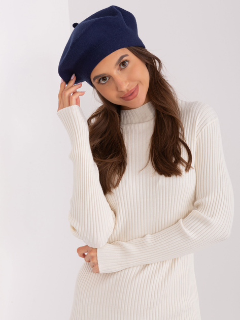 Hurt Granatowy gładki beret damski z kaszmirem