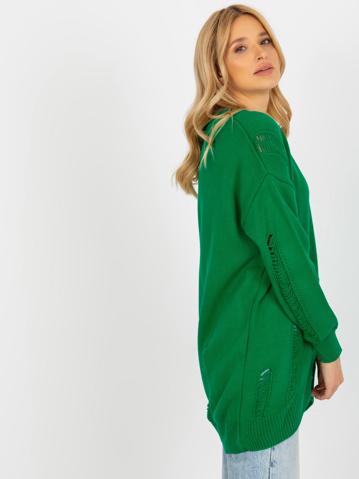 Hurt Zielony sweter rozpinany oversize z dziurami RUE PARIS
