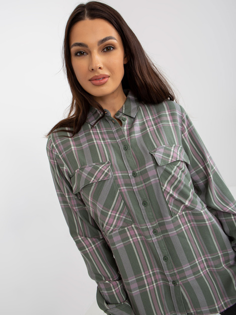 Hurtownia Khaki damska koszula w kratę z kieszeniami