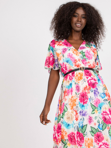 Jasnobeżowa sukienka z kwiatowym printem i paskiem