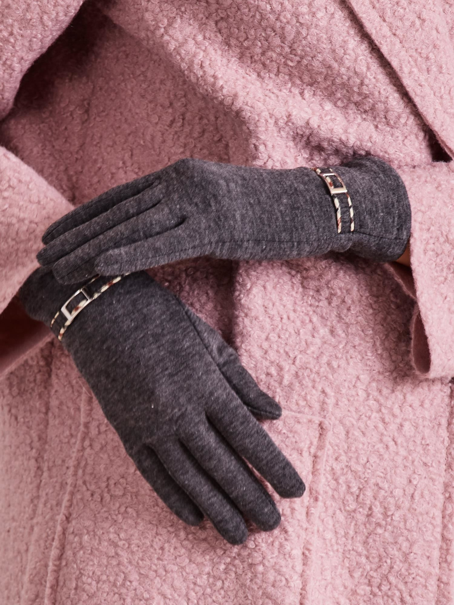 Dunkelgraue klassische Handschuhe mit Schnalle.