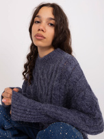 Hurt Granatowy dzianinowy sweter z warkoczami