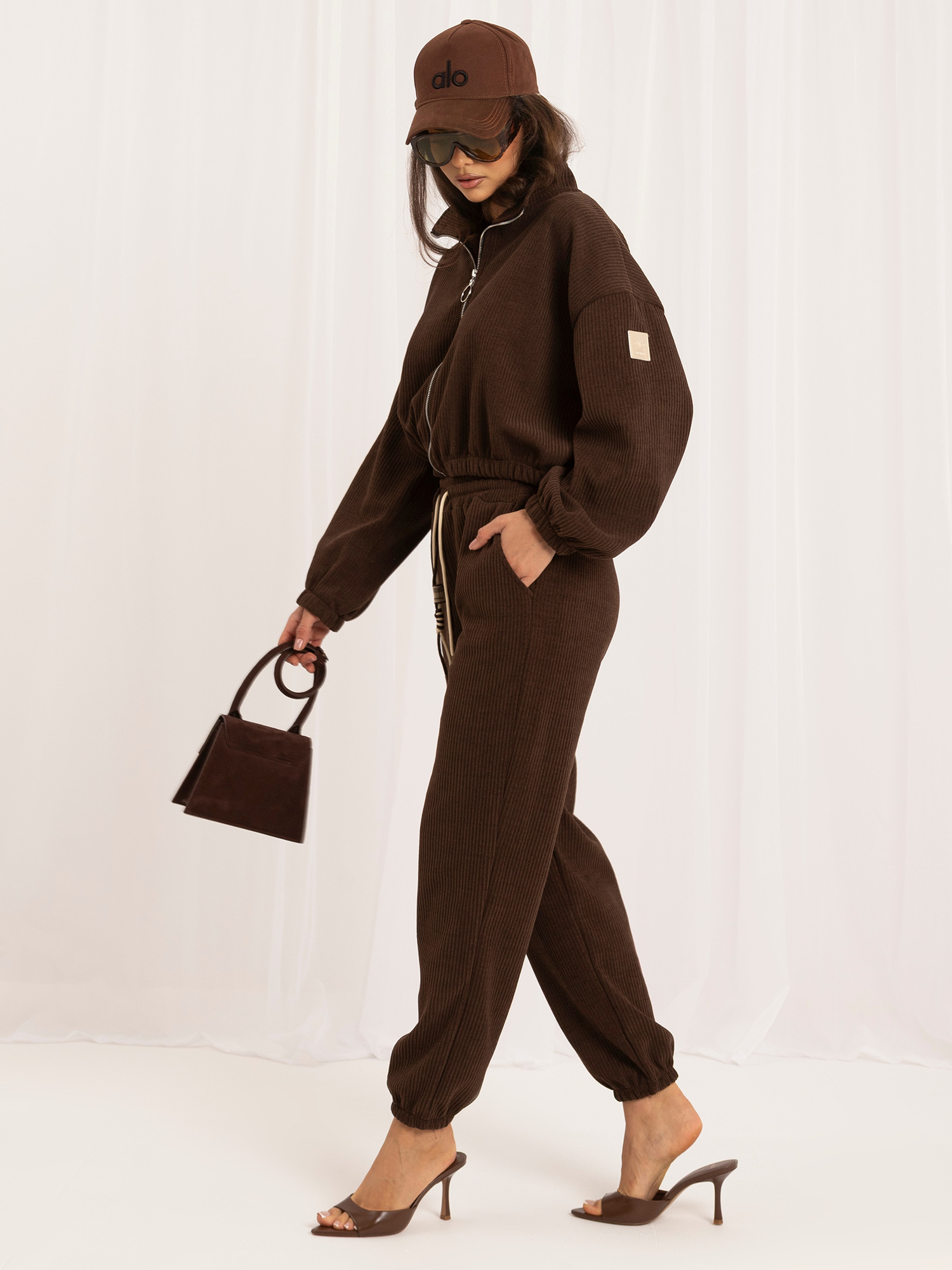 Brown corduroy set with a zip-up hoodie.