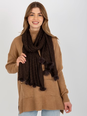 Hurt Dark Brown Openwork Women's Scarf with Pompons.