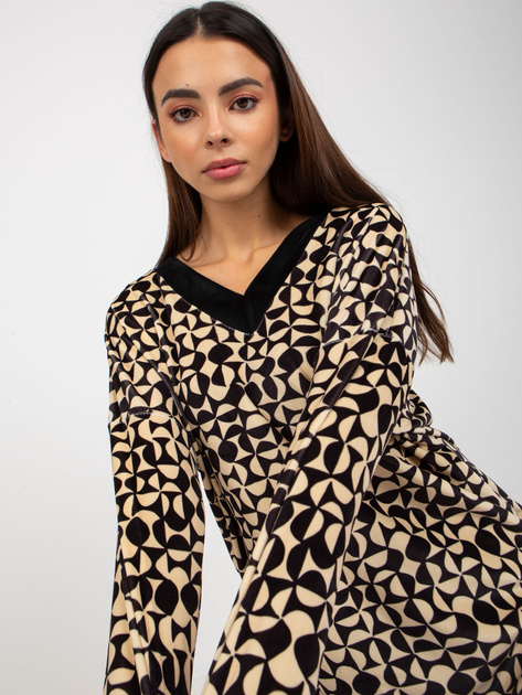 Hurt Jasnobeżowo-czarna luźna sukienka welurowa we wzory RUE PARIS