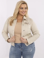 Beżowa jeansowa kurtka plus size z kołnierzykiem
