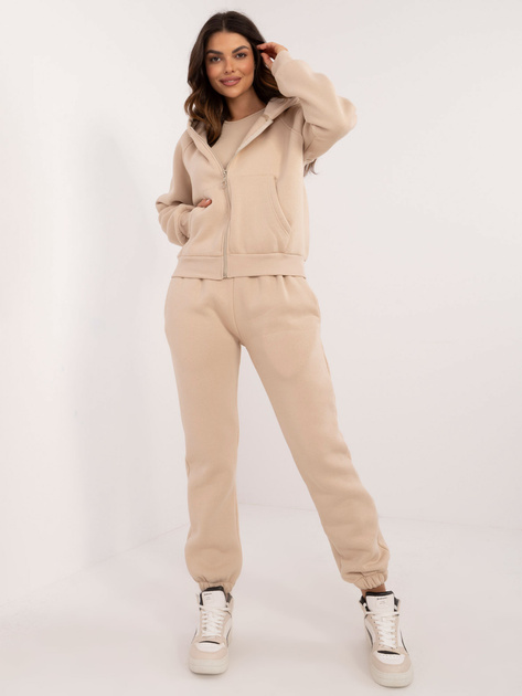 Hurt Beżowy damski komplet dresowy z bluzą rozpinaną
