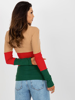 Hurt Jasnocamelowo-ciemnozielona bluzka basic z golfem w prążek