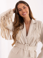 Jasnobeżowa zamszowa marynarka z paskiem RUE PARIS 