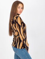 Hurt Camelowo-czarna welurowa bluzka z nadrukiem RUE PARIS