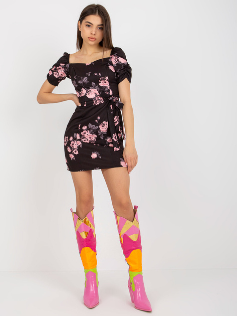 Hurt Czarno-różowa mini sukienka koktajlowa z printem Ilona