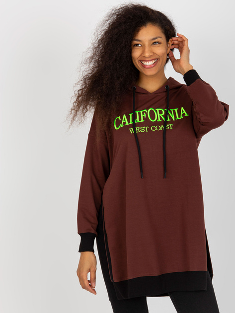 Hurt Ciemnobrązowa długa bluza z kapturem i napisem