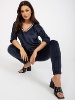 Hurt Granatowy damski komplet welurowy z rękawem 3/4  