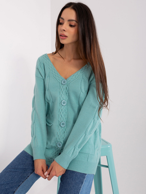 Hurt Miętowy damski sweter rozpinany z warkoczami