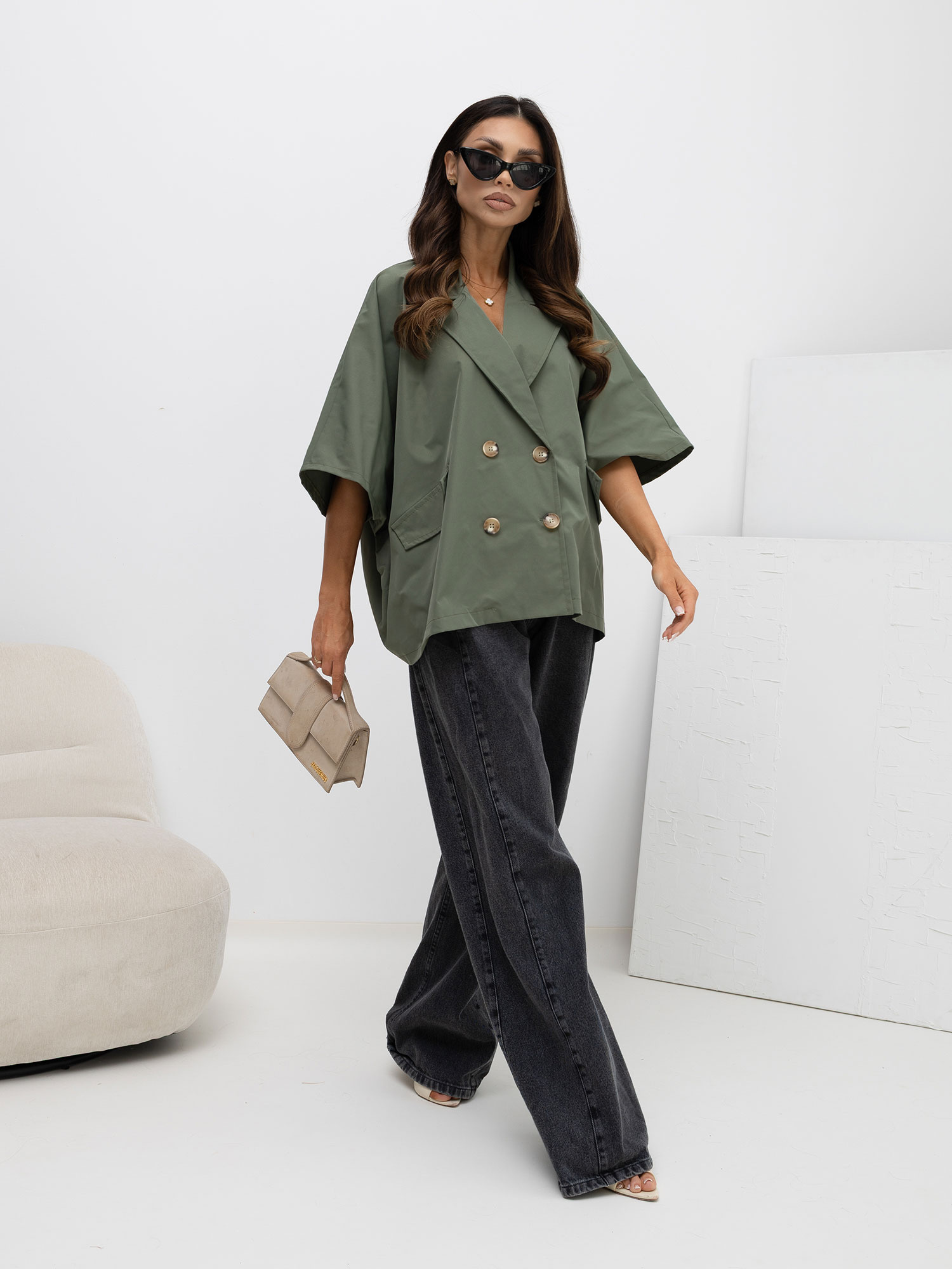 Khaki dwurzędowy płaszcz z podszewką RUE PARIS 