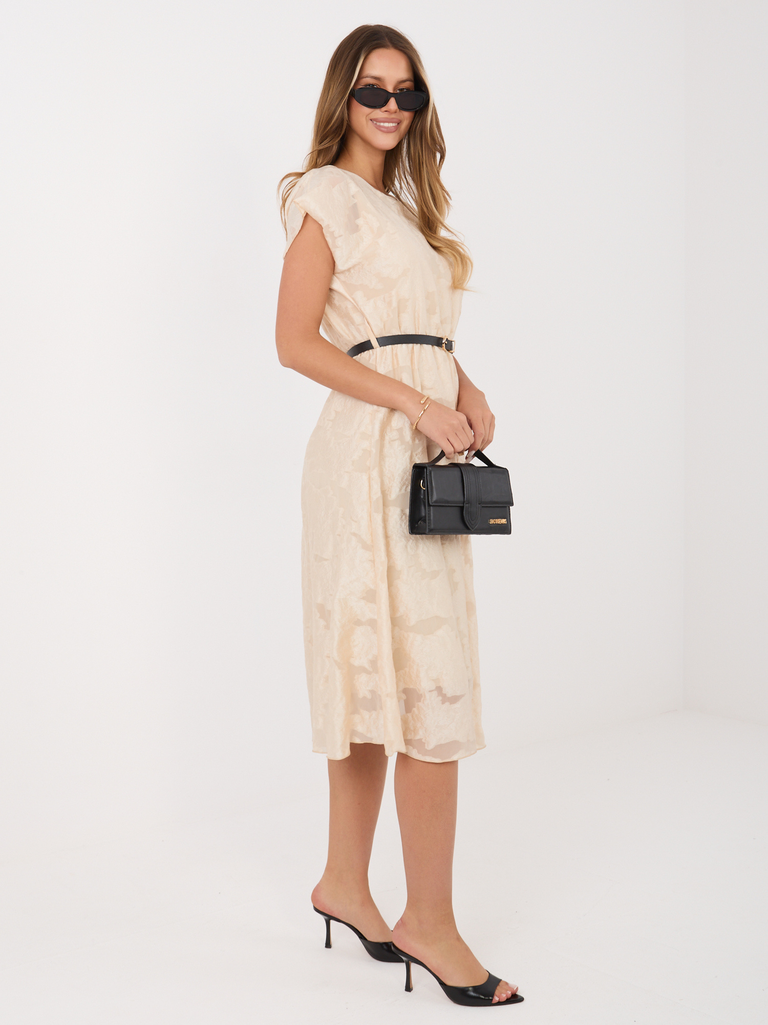 Beżowa elegancka sukienka z domieszką lyocellu RUE PARIS 